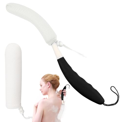 Shower Back Brush with Long Handle, 15.35" Body Brush, Long Back Scrubber for Men Women, Long Handled Sponge Body Exfoliator, Loofah Back Scrubber for Aid Bathing（Black） - size: Black+White Handle