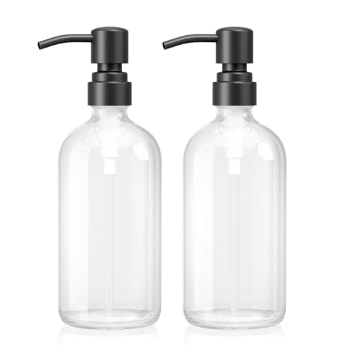 AmazerBath Soap Dispenser, 2 Pack Glass Soap Dispenser with Stainless Steel Pump, 17 Oz Bathroom Hand Soap Dispensers Bottle for Bathroom & Kitchen, Clear & Black - color: Black