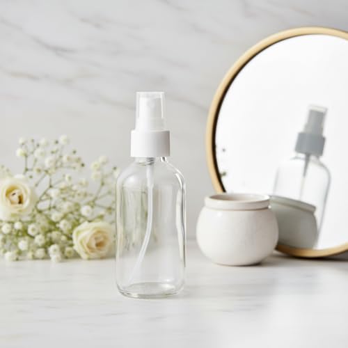 JUVITUS (24 Pack) 4 oz / 120 ml Clear Glass Boston Round Bottle with White Treatment Pump Refillable Empty Storage Containers - size: 24 Pack