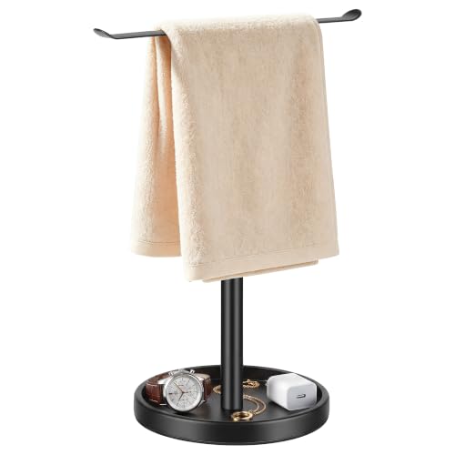 Stainless Steel Hand Towel Holder with Storage Tray for Bathroom Countertop | Weighted Base With Anti-Slip Pads Keeps Towels Stable While The Tray Neatly Stores Jewelry, Watches & Essentials - color: Black-1p（with Tray）