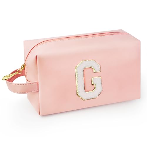 Personalized Initial Makeup Bag with Handle, Preppy Cosmetic Bag with Inner Zipper Pocket, 8 9 10 11 12 13 14 Years Old Girl, Graduation Gifts for Teen Girls Women Teachers (G, Pink) - color: Pink, style: G
