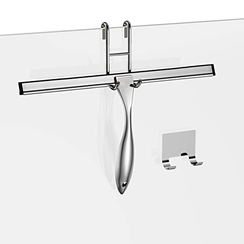 Shower Squeegee Set, 14-Inch Stainless Steel Squeegee, All-Purpose Squeegee for Bathroom, Shower Doors, Mirrors, Tiles, and Car Windows - 100% Streak Free, Includes Shower Door Hook and Adhesive Hook - color: Silver, size: 14-Inch