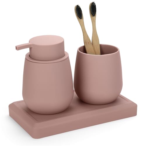 Bathroom Accessories Set, Modern 3 Pcs Bathroom Essentials - Soap Dispenser, Toothbrush Holder & Tray, Countertop Vanity Organizer (Pink) - color: Pink