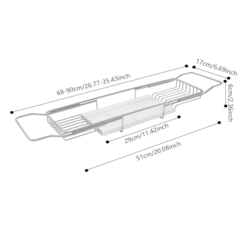 Stainless Steel Bathtub Tray with Removable Marble Board,Extendable Rectangular Bathtub Tray,Adjustable Bath Caddy Board for for Bath Bombs, Spa, Shower (Silver+White) - color: Silver+white