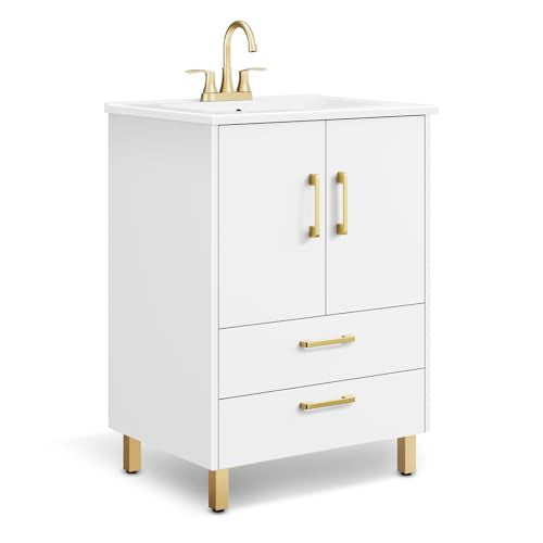 phiestina Fully Pre-Assembled 24 Inch White Bathroom Vanity with Ceramic Sink Combo, 2 Soft Close Doors and 2 Drawer Bathroom Storage Cabinet Set, BV02-WHITE-JH