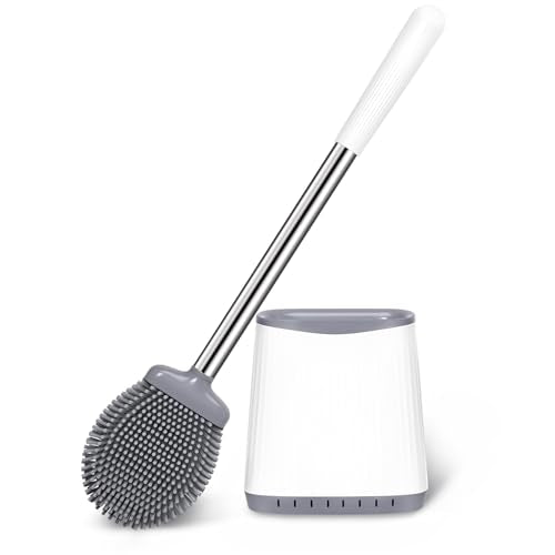 Silicone Toilet Brush and Holder, Flexible Bowl Brush Head with Ventilated Holder, Wall Mounted Compact Set for Bathroom Cleaning