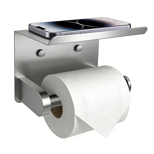 SetSail Toilet Paper Holder with Shelf Adhesive or Screw-in Bathroom Toilet Paper Roll Holders Wall Mount Heavy-Duty Brushed Nickel Tissue Holder for Bathroom Hardware Accessories - color: Brushed Nickel, size: 1 Packs