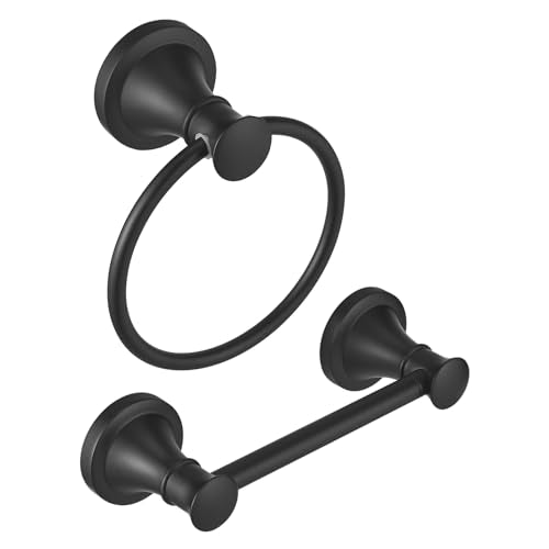 RUMOSE Toilet Paper Holder and Hand Towel Ring Matte Black Wall Mount Bathroom Hardware Accessories 2 PCS Set Flexible Pivoting Toilet Tissue Roll Holder and Towel Hanger, Stainless Steel - color: Matte Black
