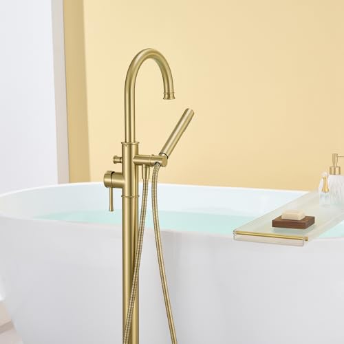 Wowkk Free Standing Tub Faucet Brushed Gold Freestanding Bathtub Faucet Floor Mount Brass Bathroom Tub Filler with Hand Shower - color: Brushed Gold, style: Modern