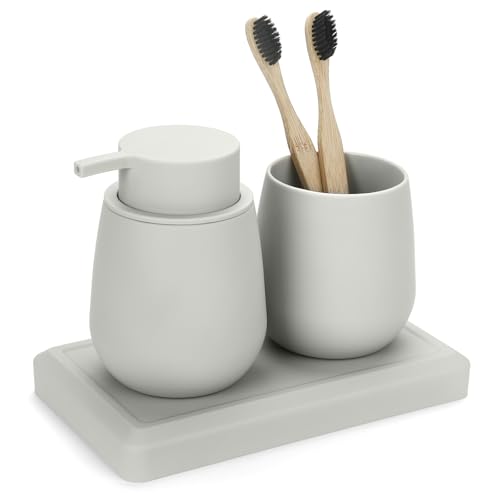 Bathroom Accessories Set, Modern 3 Pcs Bathroom Essentials - Soap Dispenser, Toothbrush Holder & Tray, Countertop Vanity Organizer (Beige) - color: Beige
