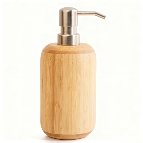 Round Bamboo soap and Lotion Pump Dispenser Bottle (10OZ/290ML) | Soap dispenser for kitchen and bathroom hand sanitizer, shower gel, shampoo