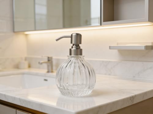 Round Bathroom Soap Dispenser Brushed Nickel Pump, Glass Bottle with Stainless Steel Pump Liquid Soap Dispenser Sphere Countertop Hand Kitchen - color: Brushed Nickel, size: 11oz-Round