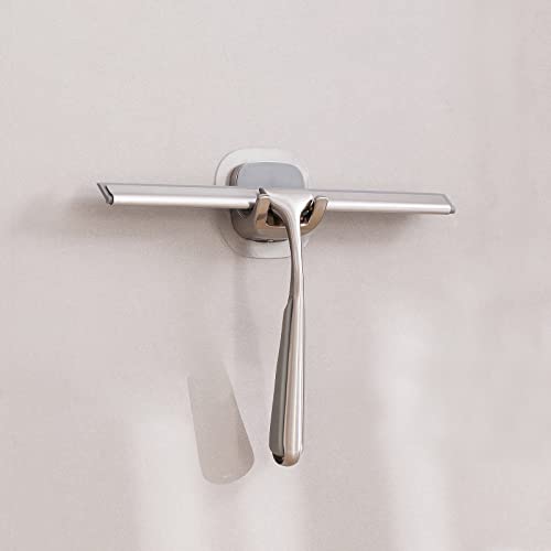 Shower Squeegee for Shower Doors 10 Inch Bathroom Squeegee for Windows,Kitchen,Mirror and Car Glass, Stainless Steel with Adhesive Hook - color: Brushed Nickel