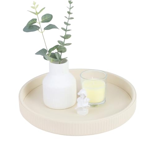 HofferRuffer Round Decorative Tray, Faux Leather Vanity Tray Decor, Decorative Catchall for Perfume, Bathroom Valet, Nightstand or Dresser (Creamwhite Stripe, Round-12" x 12" x 1.6") - color: Creamwhite Stripe