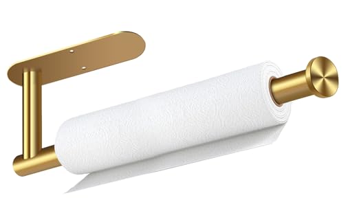 Paper Towel Holder, Self Adhesive or Drilling Paper Towel Holder Under Cabinet, Stainless Steel Paper Towel Holders Wall Mount for Kitchen, Bathroom, Sink, Pantry, Fridge (Gold) - color: Gold