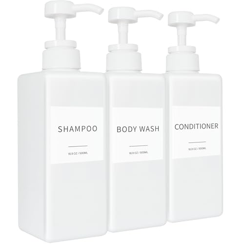 Shampoo and Conditioner Dispenser, Refillable Plastic Shampoo Pump Bottles with Waterproof Labels, Empty Body Wash Dispenser Set for Bathroom, Shower Soap Bottles (White, Set of 3, 16.9oz) - color: White