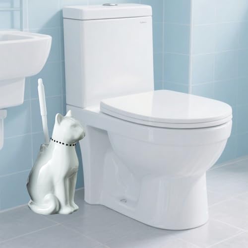 Comeon Ceramic Cat White/Black Toilet Brush and Holder Set, Plastic Handled Scrub Brush for Bathroom Cleaning,10.63"*6.3" (White) - color: White, size: Cat