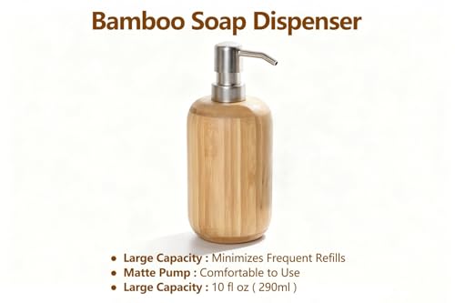 Round Bamboo soap and Lotion Pump Dispenser Bottle (10OZ/290ML) | Soap dispenser for kitchen and bathroom hand sanitizer, shower gel, shampoo
