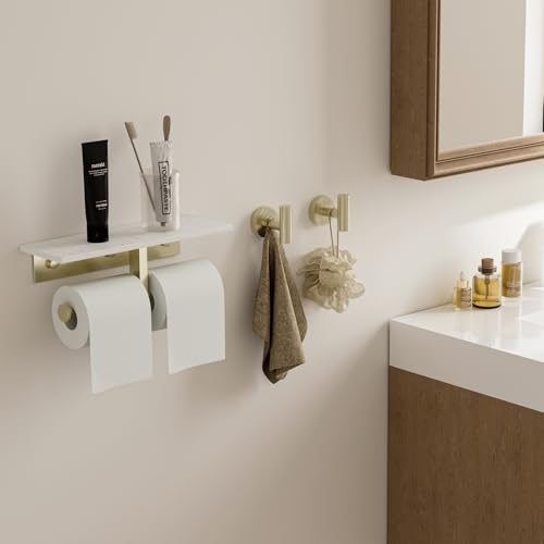 BWE Double Toilet Paper Holder with Shelf, Wall Mounted Tissue Roll Holder for Bathroom, Commercial Toilet Paper Dispenser, Marble Toilet Paper Storage Holder with Phone Shelf (Brushed Gold) - color: Double Brushed Gold