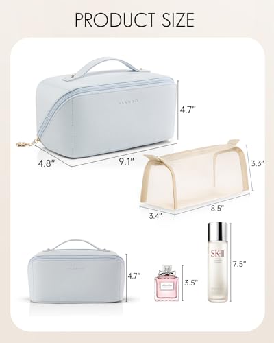 VLANDO Makeup Bag,Travel Toiletry Bag,Cosmetic Bag for Women PU Leather Portable Make up Bag for Skincare, Brushes & Travel Essentials-Baby Blue - color: 06-Baby Blue