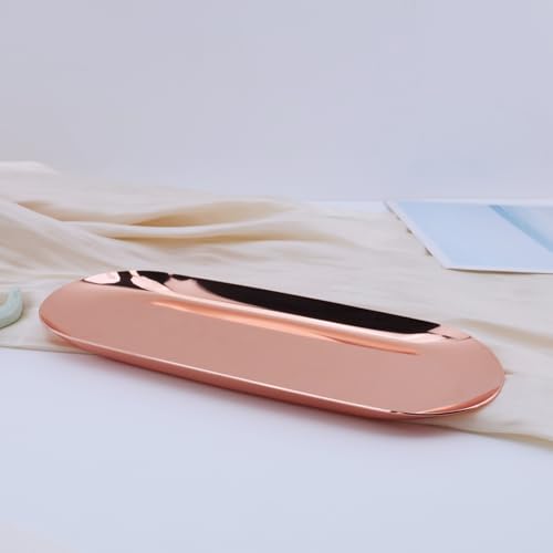 Dnyta 2Pcs Stainless Steel Decorative Tray, Decor Jewelry Dish Rose Gold Bathroom Decor Makeup Serving Trays for Dresser, 9 x 3.7in Cosmetics Home Decor for Keys Watch Wallet Trinket (Oval, Rose Gold) - style: Oval rose gold style (2pcs)
