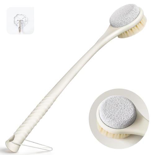 Back Scrubber for Shower, Long Handle Exfoliating Brush, Dual-Sided Bath Brush with Soft Bristles & Volcanic Pumice Stone, Anti-Slip Grip for Men & Women (Light Yellow) - color: Yellow