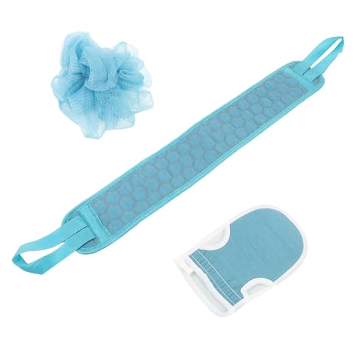 3 Pcs Exfoliating Bath Set with Back Scrubber Strap Shower Glove and Loofah Sponge for Deep Body Cleaning and Full Body Exfoliation(Blue) - color: Blue