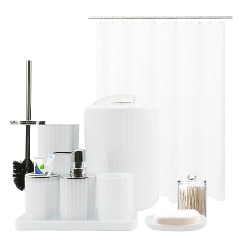 White Bathroom Accessories Set, 10Pcs Bathroom Accessory Sets Complete with Trash Can, Shower Curtain, Vanity Tray, Soap Dispenser, Soap Dish, Toothbrush Holder&Cup, Toilet Brush&Holder, Qtip Holder - color: White
