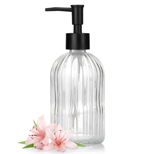 1 Pack 13.5oz Glass Soap Dispenser with Plastic Pump, Vertical Stripe Design Refillable Hand Soap Dispenser for Hand Wash, Bathroom and Kitchen - color: Vertical Clear