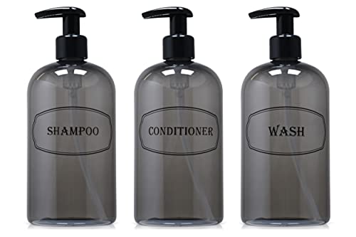16 oz Plastic Shampoo Conditioner Wash Pump Dispensers (Gray) | lotion pumps, refillable, reusable, high-viscosity, bottle set, shower bottles - color: Gray