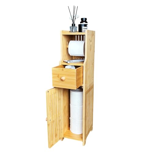 Bamboo Free Standing Toilet Paper Holder with Storage Drawer & Shelf, Slim Narrow Cabinet for Small Bathroom, Wipes Storage(Natural)
