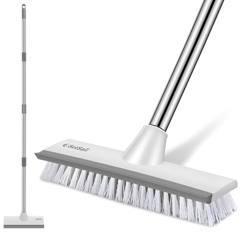 SetSail Floor Scrub Brush with 51-Inch Long Adjustable Handle 2 in 1 Scrape Brush Stiff Bristle Floor Scrubber for Cleaning Shower Bathroom Garage Kitchen Wall Deck Tub Tile - color: Grey White, size: 10in