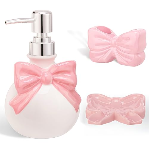 Pink Cute Ceramic Bathroom Accessories Set 3 Pcs - White Bowknot Soap Dispenser, Toothbrush Holder, Soap Dish - Modern Coquette Preppy Bathroom Decor & Apartment Essentials (Classic) - color: Pink