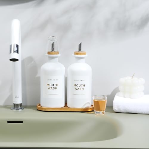 11.8OZ Mouthwash Dispenser for Bathroom with Bamboo & Stainless Steel Pour Spout, Mouthwash Cups Reusable, Bamboo Tray, and Elegant Gold Label. Set of 2（White - color: White/350*2