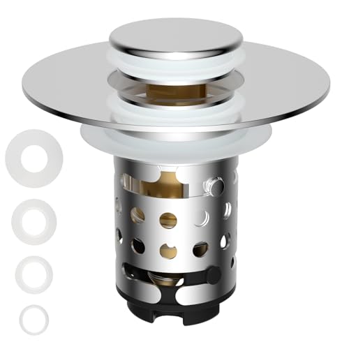 Universal Bathroom Sink Drain Stopper Hair Catcher, Chrome | Upgraded with 2-Layer Detachable Filter Basket, 4 in 1 Pop Up Drain Strainer, Anti-Clog, Fit for 1.1''~2.36'' Sinks - color: Chrome Finish