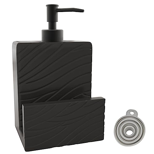 Ceramic Soap Dispenser With Sponge Holder for Kitchen Sink, 2 in 1 Liquid Hand Soap Container With Funnel for Countertop, Bathroom, Matte Black - style: Wavy Pattern Design-Matte Black