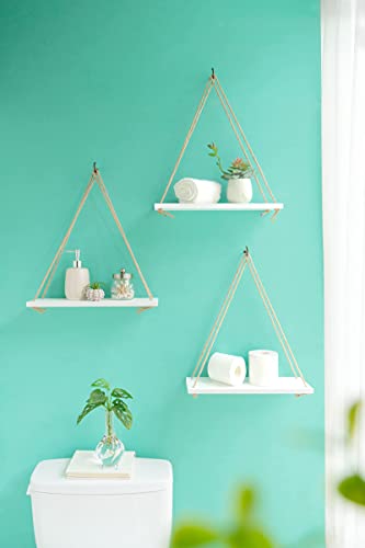 Mkono Wood Hanging Shelves for Wall Boho Decor Swing Rope Rustic Floating Shelf, Set of 3 Wall Display Shelving Home Organizer Rack for Living Room Bedroom Bathroom Kitchen,White - color: Ivory