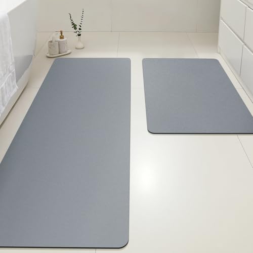 ACCUMTEK Non Slip Bath Mat, Thin Bathroom Rugs Fit Under Door, Quick Dry Bath Mats, Machine Washable Bath Rugs for Bathroom, Bathtub & Kitchen, Bathtub, Grey/Solid/24 x17+48"x20" - color: Grey, size: 24"x17"+48"x20"
