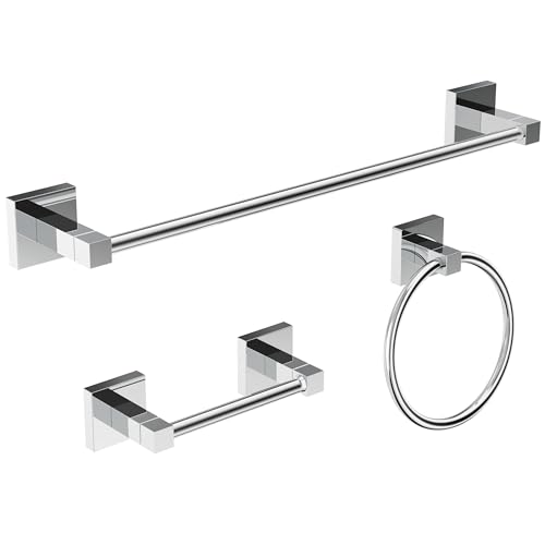 RUACQ 3 Pieces Bathroom Hardware Set, SUS 304 Stainless Steel Toilet Paper Holder, Towel Ring, 18-inch Towel Bar Set, Wall Mounted, Heavy Duty(Chrome) - color: Chrome, size: 3pcs