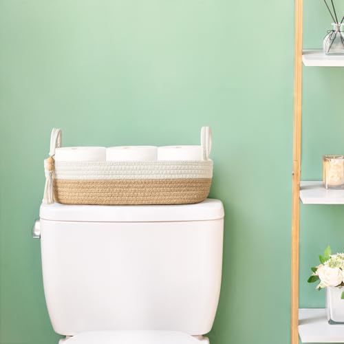 Mkono Small Storage Basket for Toilet Tank Top Boho Bathroom Decor Woven Rope Toilet Paper Tray Organizer for Shelf Bedroom Living Room, Brown and White, 1 Pack, 15.7" L x 6" W - color: Brown and White, size: Medium
