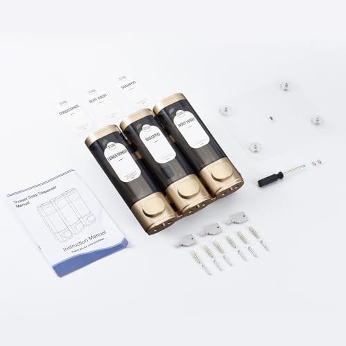 Shampoo and Conditioner Dispenser, Refillabe Shower Soap Dispensers 3 Chamber No Drill Shampoo Dispenser for Shower Wall Mounted 3 * 300ml Container for Bathroom Hotel (Bronze Gold 3 Chamber)