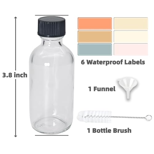Zkupanx Glass Boston Round Shot Bottles, Leak-Resistant, 6-Pack | Borosilicate Glass; Leak-Resistant Caps; 2oz/60ml Travel Size; 6-Pack with Labels; Reusable & Dishwasher Safe