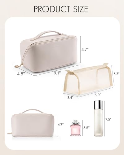 VLANDO Makeup Bag,Travel Toiletry Bag,Cosmetic Bag for Women PU Leather Portable Make up Bag for Skincare, Brushes & Travel Essentials-Off White - color: 05.Off White