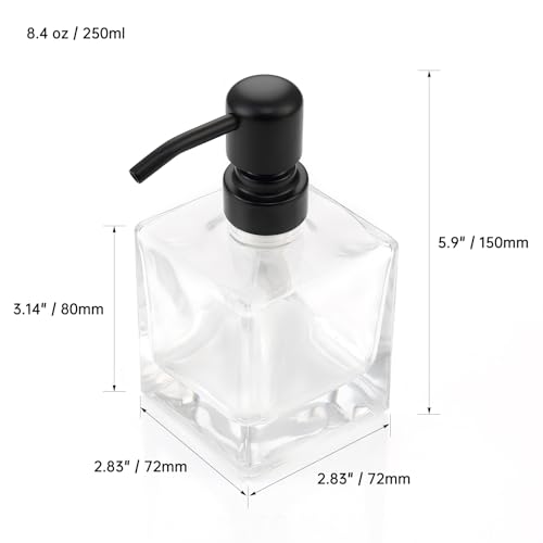 Square Bathroom Soap Dispenser Black, 8.4 oz Glass Bottles with Stainless Steel Pump Cube Liquid Hand Soap Dispenser Kitchen - color: Black, size: 8.4oz-Square