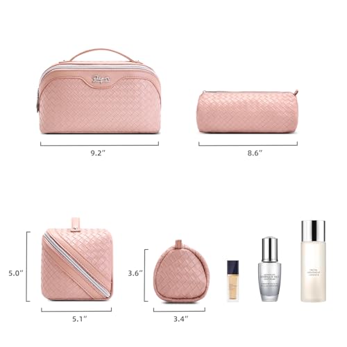 BOYATU Travel Makeup Bag Cosmetic Bags for Women: Large Capacity 3 Pcs Set Make up Bag with Compartments - Waterproof Vegan Leather Toiletry Organizer Bags with Handle (L04 Light Pink) - color: L04 Light Pink