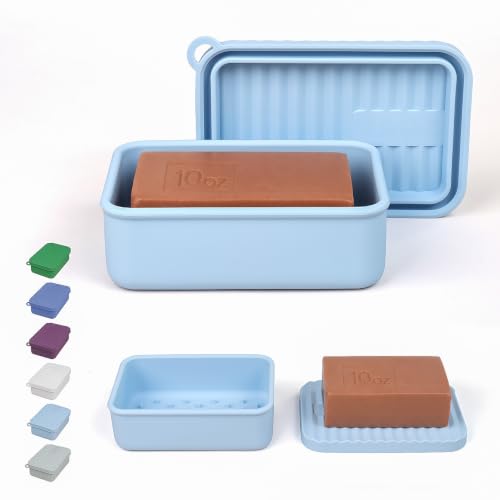 AIDIMMING Oversized Silicone Soap Holder for Two Bars of Soap with lid – Leak Proo, Large Capacity, Durable, Impact-Resistant, Stain-Resistant, Fit Shampoo and Conditioner Bar Set (Light Blue) - color: Light Blue