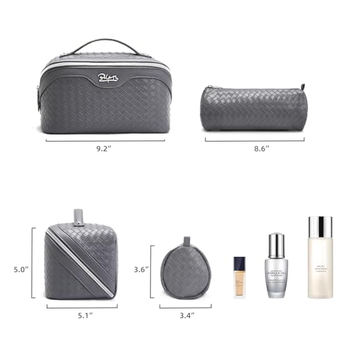 BOYATU Travel Makeup Bag Cosmetic Bags for Women: Large Capacity 3 Pcs Set Make up Bag with Compartments - Waterproof Vegan Leather Toiletry Organizer Bags with Handle (L07Grey) - color: L07Grey