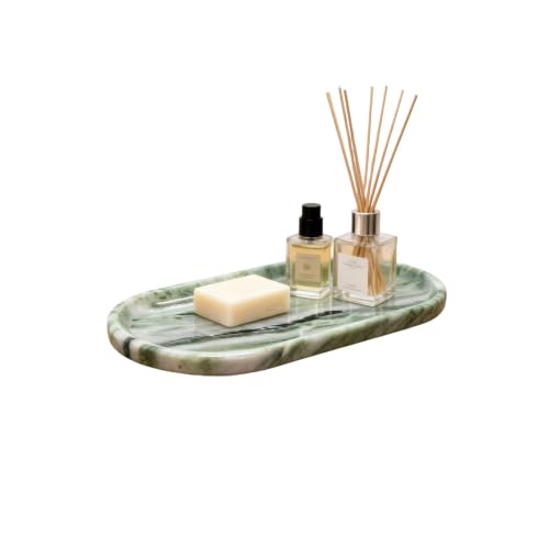 Green Marble Vanity Tray 9.8", Natural Stone Organizer for Bathroom | Luxury green marble tray, polished non-slip base, Perfect for jewelry, perfumes, décor. Unique pattern, ideal gift for her. - color: Green