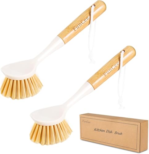FunCee 2 Pack Kitchen Dish Brushes with Bamboo Handle, Dish Scrubber Built-in Scraper, Scrub Brush for Pans, Pots, Counter & Kitchen Sink Cleaning, Dishwashing and Cleaning Brush Tools, White - color: White