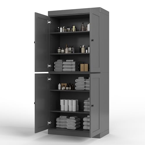 Palace Imports Solid Wood Tall Bathroom Pantry Cabinet with 4 Shaker Doors & Adjustable Shelves, Gray - 100% Eco-Friendly, Renewable, Space-Saving Storage, 71.5" H x 32" W, Made in Brazil - color: Grey